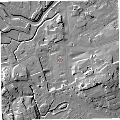 Shaded relief map of the ground around TA13PU, computed from Environment Agency LiDAR. The ground here sits at about 19 m above sea level and falls 19 m across the surrounding 800 m. Surface water reaching this point runs off ground lying to the south-east, 0.8 m higher.