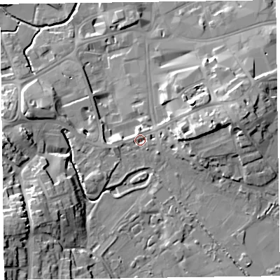 Shaded relief map of the ground around TA13PX, computed from Environment Agency LiDAR. The ground here sits at about 21 m above sea level and falls 23 m across the surrounding 800 m. Surface water reaching this point runs off ground lying to the east, 11.3 m higher.