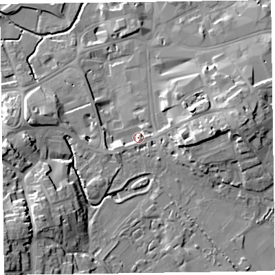 Shaded relief map of the ground around TA13PY, computed from Environment Agency LiDAR. The ground here sits at about 20 m above sea level and falls 22 m across the surrounding 800 m. Surface water reaching this point runs off ground lying to the east, 12.6 m higher.