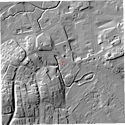 Shaded relief map of the ground around TA13PZ, computed from Environment Agency LiDAR. The ground here sits at about 21 m above sea level and falls 32 m across the surrounding 800 m. Surface water reaching this point runs off ground lying to the south-west, 29.8 m higher.