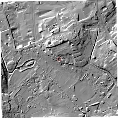 Shaded relief map of the ground around TA13QB, computed from Environment Agency LiDAR. The ground here sits at about 24 m above sea level and falls 14 m across the surrounding 800 m. Surface water reaching this point runs off ground lying to the north-east, 3.8 m higher.