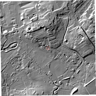 Shaded relief map of the ground around TA13QE, computed from Environment Agency LiDAR. The ground here sits at about 22 m above sea level and falls 14 m across the surrounding 800 m. Surface water reaching this point runs off ground lying to the north, 7.7 m higher.