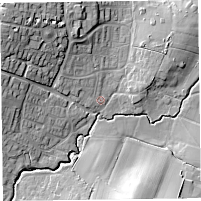 Shaded relief map of the ground around TA13QZ, computed from Environment Agency LiDAR. The ground here sits at about 26 m above sea level and falls 27 m across the surrounding 800 m. Surface water reaching this point runs off ground lying to the west-north-west, 6.6 m higher.