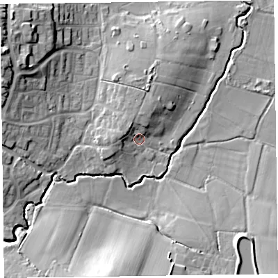 Shaded relief map of the ground around TA13RB, computed from Environment Agency LiDAR. The ground here sits at about 25 m above sea level and falls 19 m across the surrounding 800 m. Surface water reaching this point runs off ground lying to the north-west, 4.8 m higher.
