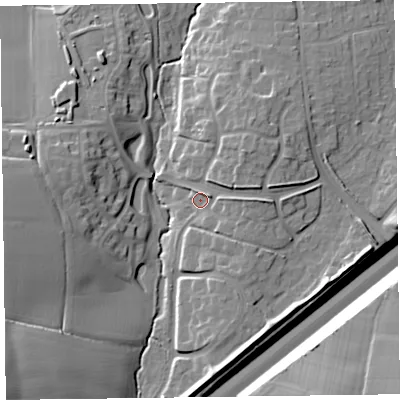 Shaded relief map of the ground around TA13YE, computed from Environment Agency LiDAR. The ground here sits at about 29 m above sea level and falls 20 m across the surrounding 800 m. Surface water reaching this point runs off ground lying to the east, 4.3 m higher.