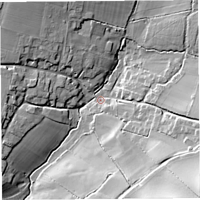 Shaded relief map of the ground around TA146SH, computed from Environment Agency LiDAR. The ground here sits at about 27 m above sea level and falls 32 m across the surrounding 800 m. Surface water reaching this point runs off ground lying to the east-south-east, 16.5 m higher.