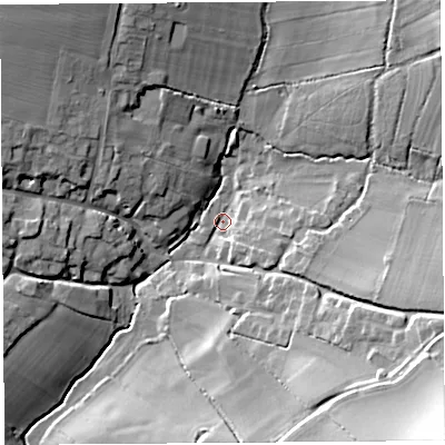 Shaded relief map of the ground around TA146SP, computed from Environment Agency LiDAR. The ground here sits at about 28 m above sea level and falls 34 m across the surrounding 800 m. Surface water reaching this point runs off ground lying to the north-west, 17.4 m higher.