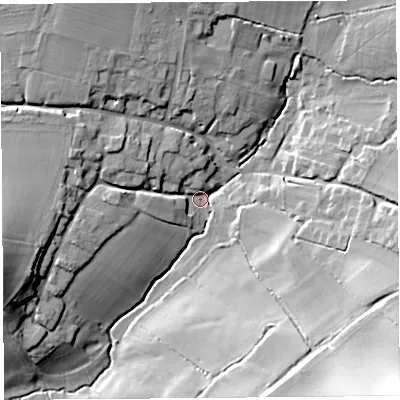 Shaded relief map of the ground around TA146SR, computed from Environment Agency LiDAR. The ground here sits at about 27 m above sea level and falls 35 m across the surrounding 800 m. Surface water reaching this point runs off ground lying to the south-east, 21.8 m higher.