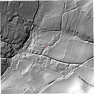 Shaded relief map of the ground around TA146SS, computed from Environment Agency LiDAR. The ground here sits at about 33 m above sea level and falls 43 m across the surrounding 800 m. Surface water reaching this point runs off ground lying to the south-east, 7.7 m higher.
