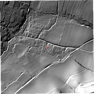 Shaded relief map of the ground around TA146SY, computed from Environment Agency LiDAR. The ground here sits at about 37 m above sea level and falls 86 m across the surrounding 800 m. Surface water reaching this point runs off ground lying to the east-south-east, 4.8 m higher.