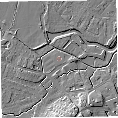 Shaded relief map of the ground around TA14AB, computed from Environment Agency LiDAR. The ground here sits at about 16 m above sea level and falls 14 m across the surrounding 800 m. The ground contributing surface water to this point lies to the north-east.