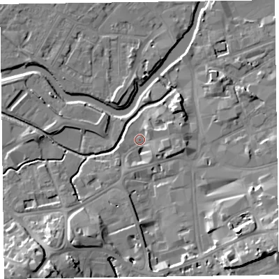 Shaded relief map of the ground around TA14AF, computed from Environment Agency LiDAR. The ground here sits at about 17 m above sea level and falls 17 m across the surrounding 800 m. Surface water reaching this point runs off ground lying to the south-east, 16.0 m higher.