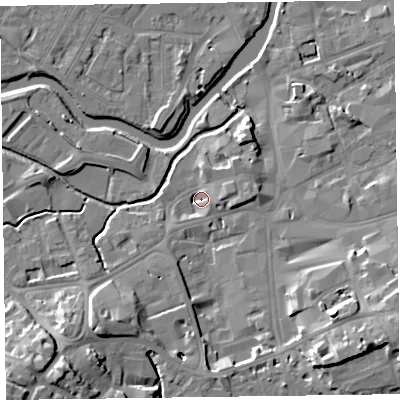 Shaded relief map of the ground around TA14AH, computed from Environment Agency LiDAR. The ground here sits at about 16 m above sea level and falls 17 m across the surrounding 800 m. Surface water reaching this point runs off ground lying to the east-south-east, 4.6 m higher.