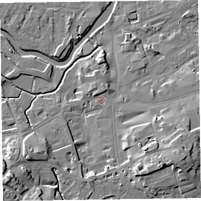 Shaded relief map of the ground around TA14AJ, computed from Environment Agency LiDAR. The ground here sits at about 19 m above sea level and falls 17 m across the surrounding 800 m. Surface water reaching this point runs off ground lying to the north-north-west, 2.4 m higher.