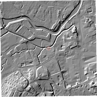 Shaded relief map of the ground around TA14AR, computed from Environment Agency LiDAR. The ground here sits at about 16 m above sea level and falls 17 m across the surrounding 800 m. Surface water reaching this point runs off ground lying to the south-east, 15.0 m higher.
