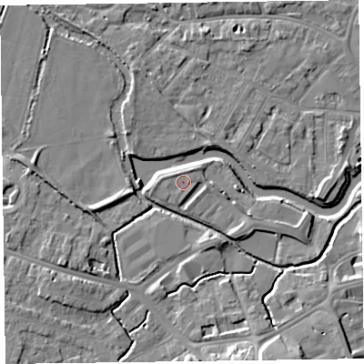 Shaded relief map of the ground around TA14AS, computed from Environment Agency LiDAR. The ground here sits at about 17 m above sea level and falls 10 m across the surrounding 800 m. Surface water reaching this point runs off ground lying to the north-west, 0.7 m higher.