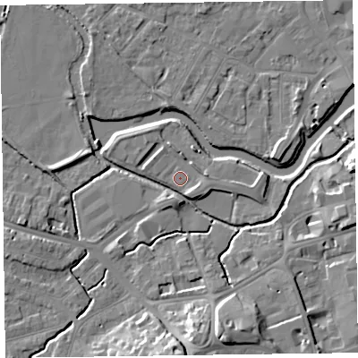 Shaded relief map of the ground around TA14AU, computed from Environment Agency LiDAR. The ground here sits at about 16 m above sea level and falls 13 m across the surrounding 800 m. Surface water reaching this point runs off ground lying to the south-east, 2.0 m higher.