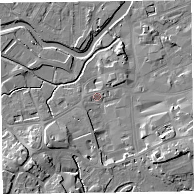 Shaded relief map of the ground around TA14AW, computed from Environment Agency LiDAR. The ground here sits at about 18 m above sea level and falls 18 m across the surrounding 800 m. Surface water reaching this point runs off ground lying to the south-east, 14.1 m higher.