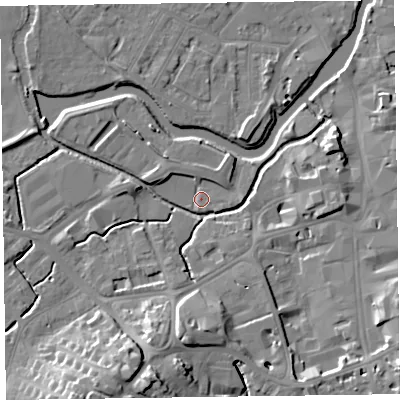 Shaded relief map of the ground around TA14AY, computed from Environment Agency LiDAR. The ground here sits at about 16 m above sea level and falls 16 m across the surrounding 800 m. Surface water reaching this point runs off ground lying to the west-north-west, 3.1 m higher.