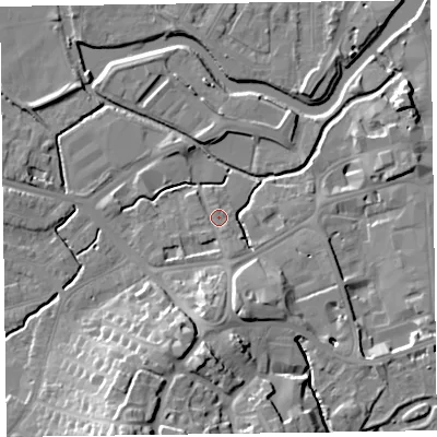 Shaded relief map of the ground around TA14AZ, computed from Environment Agency LiDAR. The ground here sits at about 17 m above sea level and falls 21 m across the surrounding 800 m. Surface water reaching this point runs off ground lying to the south-south-east, 1.2 m higher.