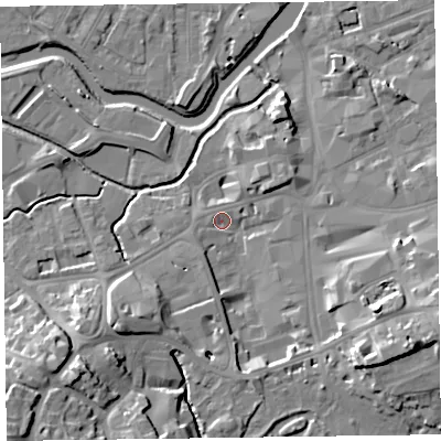 Shaded relief map of the ground around TA14BB, computed from Environment Agency LiDAR. The ground here sits at about 17 m above sea level and falls 19 m across the surrounding 800 m. Surface water reaching this point runs off ground lying to the south-east, 14.1 m higher.