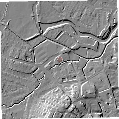 Shaded relief map of the ground around TA14BG, computed from Environment Agency LiDAR. The ground here sits at about 17 m above sea level and falls 16 m across the surrounding 800 m. Surface water reaching this point runs off ground lying to the south-south-west, 1.4 m higher.
