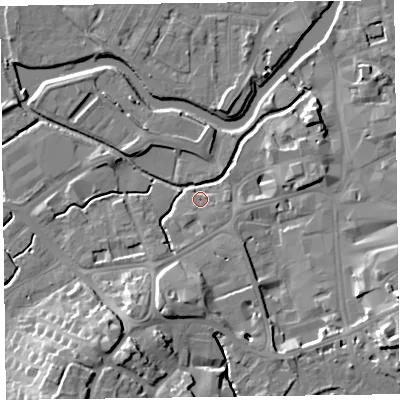 Shaded relief map of the ground around TA14BH, computed from Environment Agency LiDAR. The ground here sits at about 17 m above sea level and falls 18 m across the surrounding 800 m. Surface water reaching this point runs off ground lying to the south-east, 2.0 m higher.