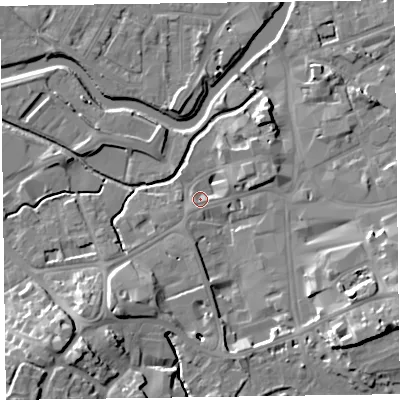 Shaded relief map of the ground around TA14BS, computed from Environment Agency LiDAR. The ground here sits at about 17 m above sea level and falls 18 m across the surrounding 800 m. Surface water reaching this point runs off ground lying to the south-east, 14.1 m higher.