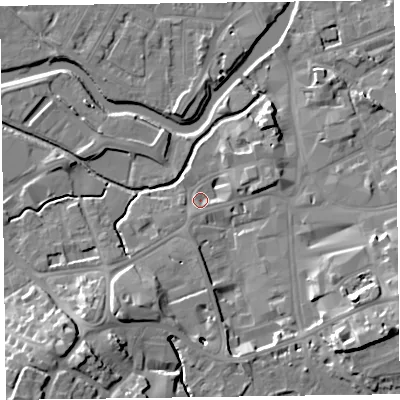 Shaded relief map of the ground around TA14BZ, computed from Environment Agency LiDAR. The ground here sits at about 17 m above sea level and falls 17 m across the surrounding 800 m. Surface water reaching this point runs off ground lying to the south-east, 14.1 m higher.