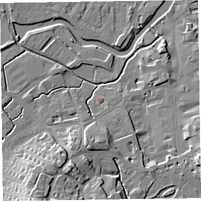 Shaded relief map of the ground around TA14DB, computed from Environment Agency LiDAR. The ground here sits at about 17 m above sea level and falls 20 m across the surrounding 800 m. Surface water reaching this point runs off ground lying to the south-south-west, 8.8 m higher.