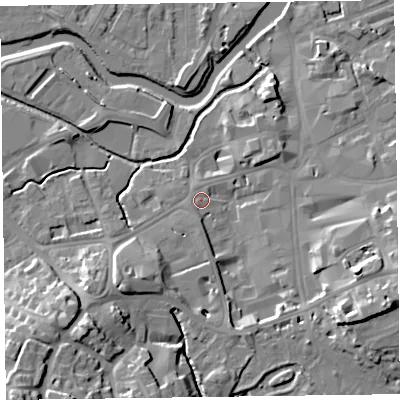 Shaded relief map of the ground around TA14DN, computed from Environment Agency LiDAR. The ground here sits at about 18 m above sea level and falls 21 m across the surrounding 800 m. Surface water reaching this point runs off ground lying to the east-south-east, 14.1 m higher.