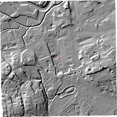 Shaded relief map of the ground around TA14DP, computed from Environment Agency LiDAR. The ground here sits at about 17 m above sea level and falls 25 m across the surrounding 800 m. Surface water reaching this point runs off ground lying to the east-south-east, 14.1 m higher.