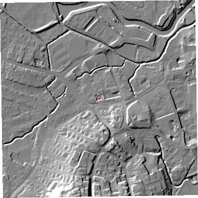 Shaded relief map of the ground around TA14DQ, computed from Environment Agency LiDAR. The ground here sits at about 16 m above sea level and falls 28 m across the surrounding 800 m. Surface water reaching this point runs off ground lying to the south-south-east, 7.8 m higher.