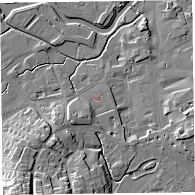 Shaded relief map of the ground around TA14DY, computed from Environment Agency LiDAR. The ground here sits at about 18 m above sea level and falls 30 m across the surrounding 800 m. Surface water reaching this point runs off ground lying to the south-west, 7.8 m higher.
