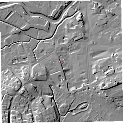 Shaded relief map of the ground around TA14EA, computed from Environment Agency LiDAR. The ground here sits at about 17 m above sea level and falls 27 m across the surrounding 800 m. Surface water reaching this point runs off ground lying to the east-south-east, 14.1 m higher.