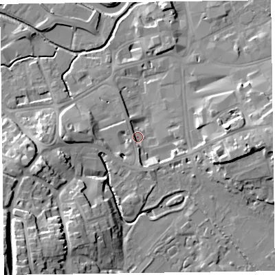 Shaded relief map of the ground around TA14EB, computed from Environment Agency LiDAR. The ground here sits at about 18 m above sea level and falls 30 m across the surrounding 800 m. Surface water reaching this point runs off ground lying to the east, 14.1 m higher.