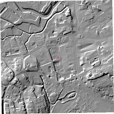 Shaded relief map of the ground around TA14ED, computed from Environment Agency LiDAR. The ground here sits at about 17 m above sea level and falls 26 m across the surrounding 800 m. Surface water reaching this point runs off ground lying to the east-south-east, 14.1 m higher.