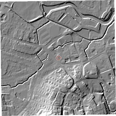 Shaded relief map of the ground around TA14EG, computed from Environment Agency LiDAR. The ground here sits at about 17 m above sea level and falls 26 m across the surrounding 800 m. Surface water reaching this point runs off ground lying to the south-east, 8.6 m higher.