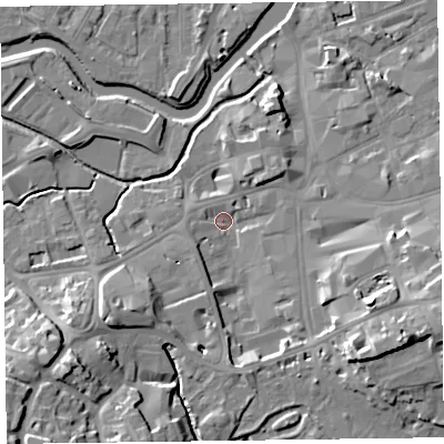 Shaded relief map of the ground around TA14EP, computed from Environment Agency LiDAR. The ground here sits at about 17 m above sea level and falls 19 m across the surrounding 800 m. Surface water reaching this point runs off ground lying to the south-east, 14.1 m higher.