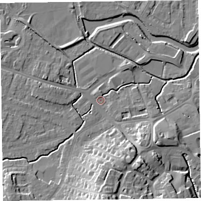 Shaded relief map of the ground around TA14EQ, computed from Environment Agency LiDAR. The ground here sits at about 17 m above sea level and falls 21 m across the surrounding 800 m. Surface water reaching this point runs off ground lying to the south, 16.1 m higher.