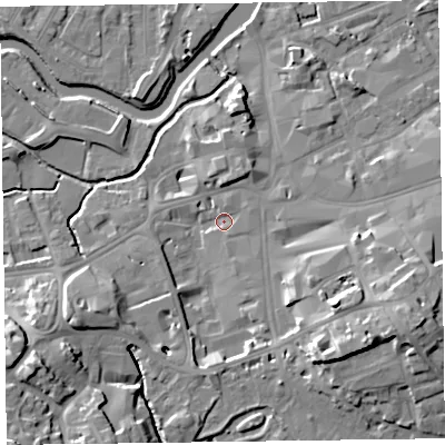 Shaded relief map of the ground around TA14ER, computed from Environment Agency LiDAR. The ground here sits at about 18 m above sea level and falls 18 m across the surrounding 800 m. Surface water reaching this point runs off ground lying to the south-east, 14.1 m higher.