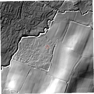 Shaded relief map of the ground around TA14RH, computed from Environment Agency LiDAR. The ground here sits at about 32 m above sea level and falls 39 m across the surrounding 800 m. Surface water reaching this point runs off ground lying to the south-south-east, 5.1 m higher.