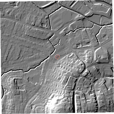 Shaded relief map of the ground around TA14RL, computed from Environment Agency LiDAR. The ground here sits at about 17 m above sea level and falls 33 m across the surrounding 800 m. Surface water reaching this point runs off ground lying to the south-south-east, 14.1 m higher.
