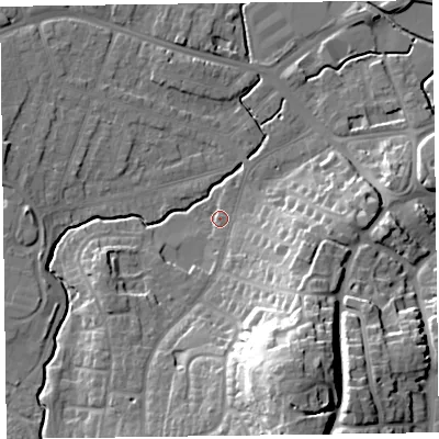 Shaded relief map of the ground around TA14RW, computed from Environment Agency LiDAR. The ground here sits at about 19 m above sea level and falls 32 m across the surrounding 800 m. Surface water reaching this point runs off ground lying to the south-south-east, 28.2 m higher.