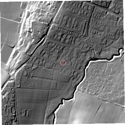 Shaded relief map of the ground around TA14XW, computed from Environment Agency LiDAR. The ground here sits at about 35 m above sea level and falls 25 m across the surrounding 800 m. Surface water reaching this point runs off ground lying to the north-north-west, 11.1 m higher.