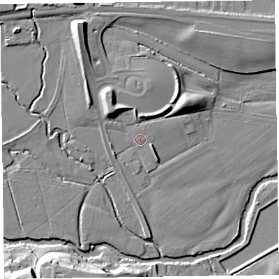 Shaded relief map of the ground around TA15AA, computed from Environment Agency LiDAR. The ground here sits at about 20 m above sea level and falls 20 m across the surrounding 800 m. Surface water reaching this point runs off ground lying to the north, 1.0 m higher.