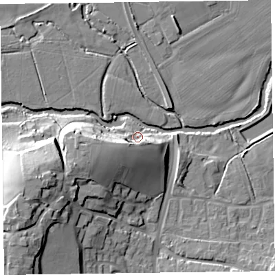 Shaded relief map of the ground around TA15AB, computed from Environment Agency LiDAR. The ground here sits at about 20 m above sea level and falls 25 m across the surrounding 800 m. Surface water reaching this point runs off ground lying to the west-south-west, 15.6 m higher.