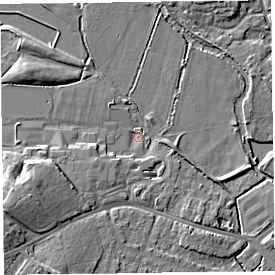 Shaded relief map of the ground around TA15AT, computed from Environment Agency LiDAR. The ground here sits at about 17 m above sea level and falls 13 m across the surrounding 800 m. Surface water reaching this point runs off ground lying to the west-south-west, 8.5 m higher.