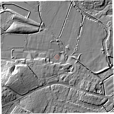 Shaded relief map of the ground around TA15AU, computed from Environment Agency LiDAR. The ground here sits at about 17 m above sea level and falls 14 m across the surrounding 800 m. Surface water reaching this point runs off ground lying to the west-south-west, 2.6 m higher.