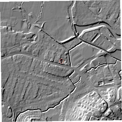 Shaded relief map of the ground around TA15AW, computed from Environment Agency LiDAR. The ground here sits at about 17 m above sea level and falls 16 m across the surrounding 800 m. Surface water reaching this point runs off ground lying to the west, 2.2 m higher.